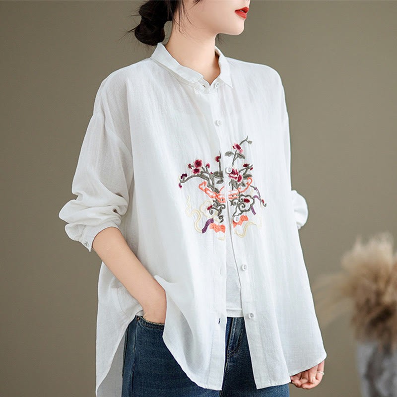 Flower Embroidery Long Sleeve Cotton Linen Women's Shirts