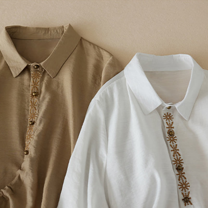 Casual Women's Embroidery Lace-up Top Stand Collar Design Three Quarter Sleeve Cotton Shirt