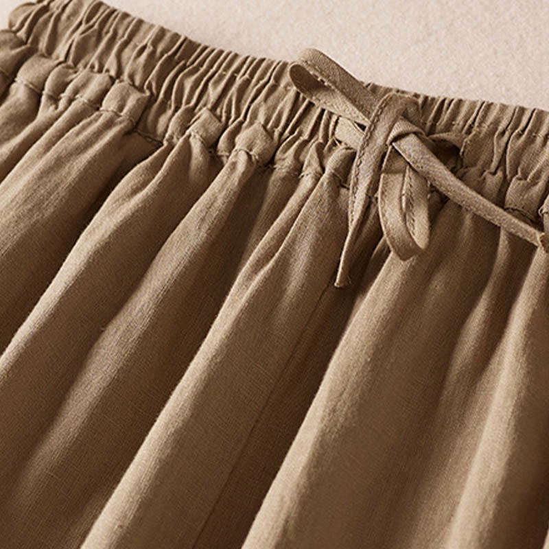 Summer Small Flower Embroidery Cotton Linen Harem Pants With Pockets