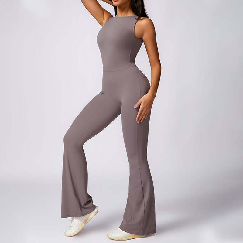 Women Casual Sleeveless Jumpsuit Flare Pants Sports Fitness Yoga Bodysuit