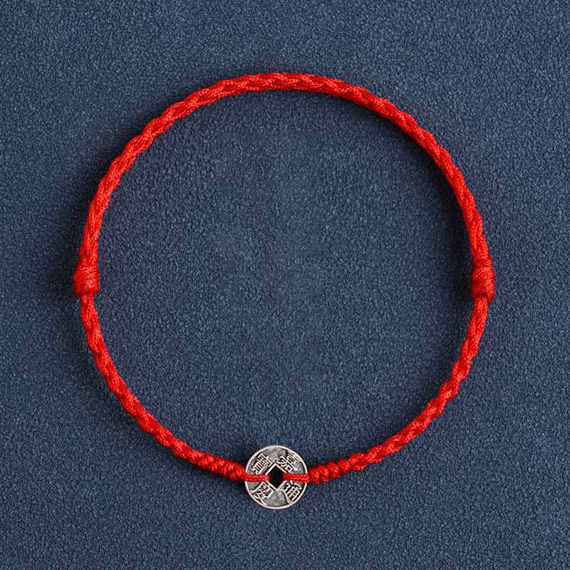 925 Sterling Silver Five Emperor Coins Red String Protection Luck Braided Bracelet Anklet