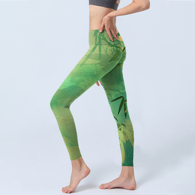 Green Bamboo Pavilion Print Gym Leggings Women's Yoga Pants