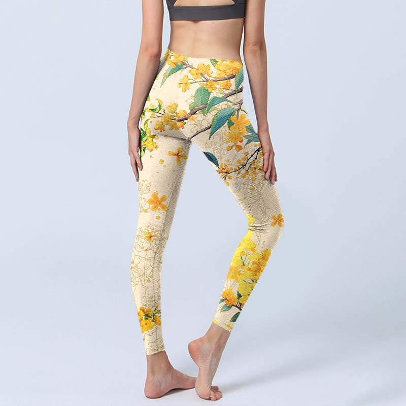 Yellow Osmanthus Fragrans Rapeseed Print Gym Leggings Women's Yoga Pants