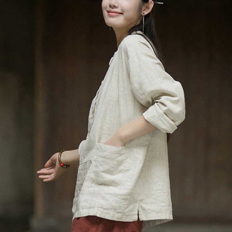 Solid Color Long Sleeve Ramie Linen Half Button Women's Shirt