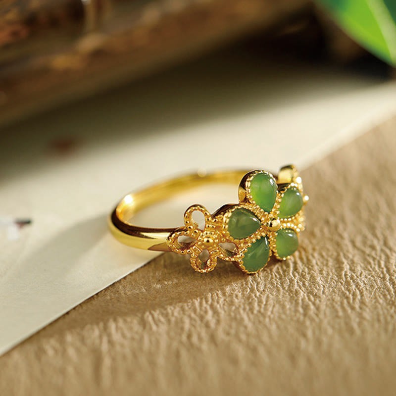 Natural Hetian Jade 925 Sterling Silver Plated Gold Flower Adjustable Prosperity Ring