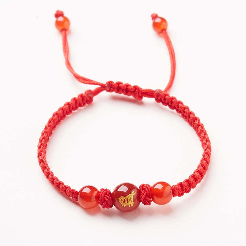 Natural Red Agate Chinese Zodiac Red String Braided Protection Luck Bracelet
