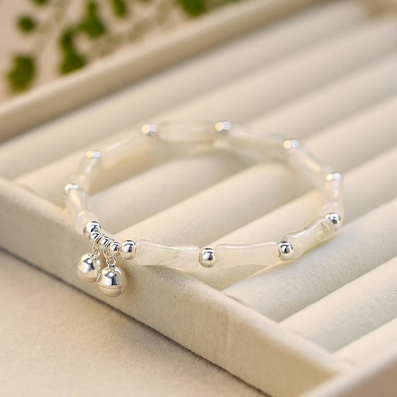 925 Sterling Silver Natural White Jade Bamboo Bell Charm Luck Happiness Bracelet