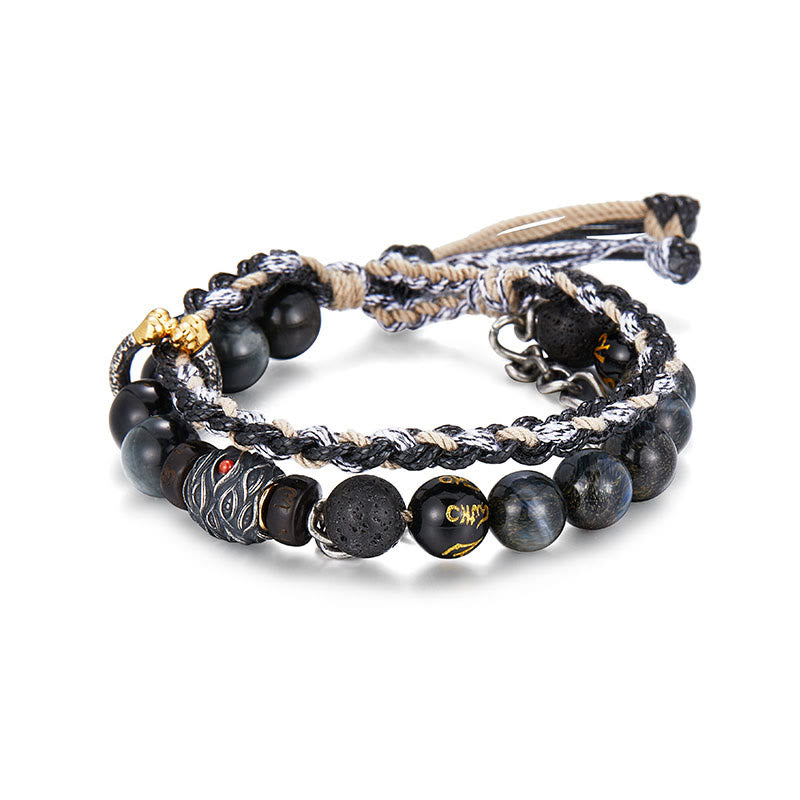 925 Sterling Silver Lava Rock Eagle's Eye Stone Lucky Beads Handmade Healing Bracelet