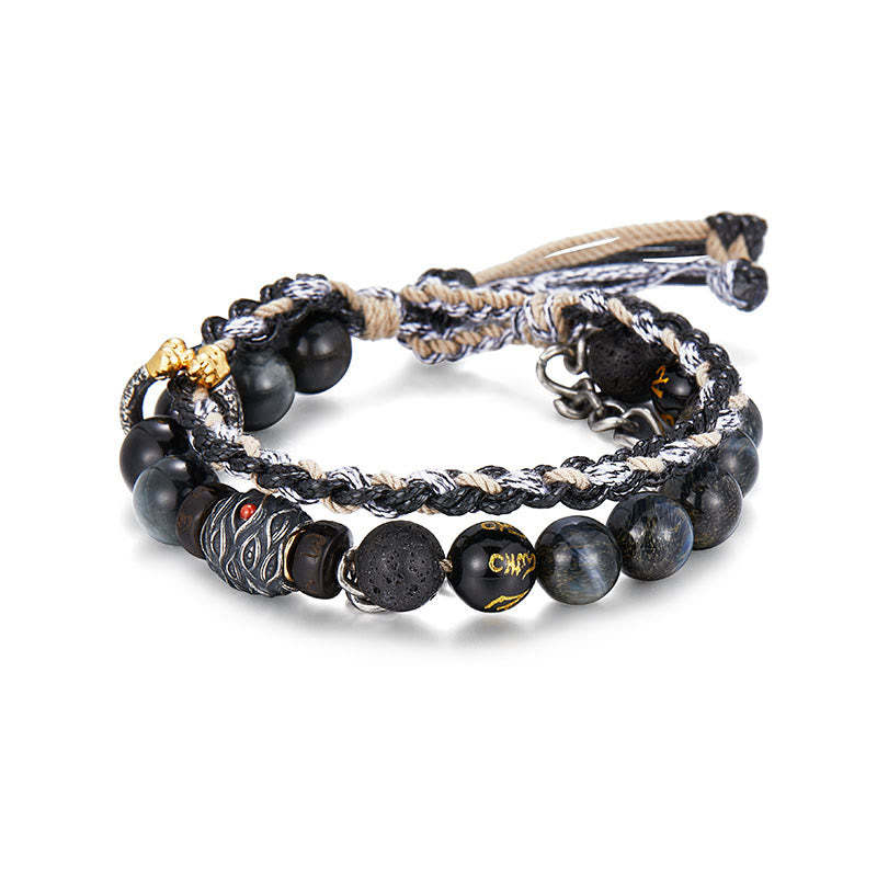 925 Sterling Silver Lava Rock Eagle's Eye Stone Lucky Beads Handmade Healing Bracelet