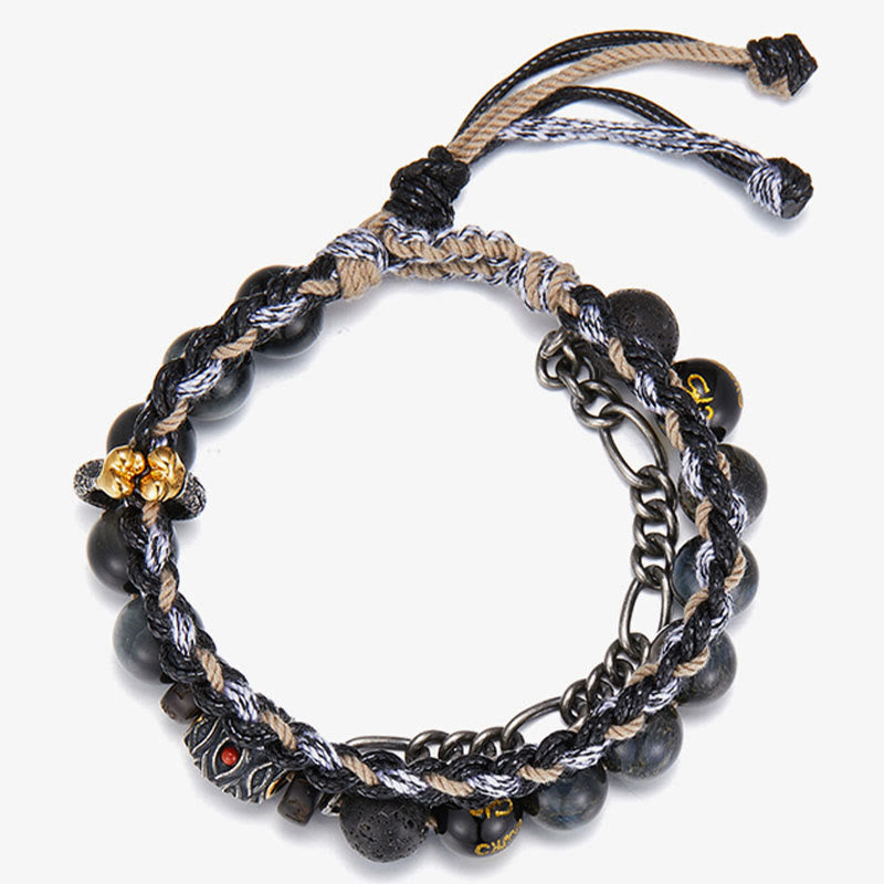 925 Sterling Silver Lava Rock Eagle's Eye Stone Lucky Beads Handmade Healing Bracelet