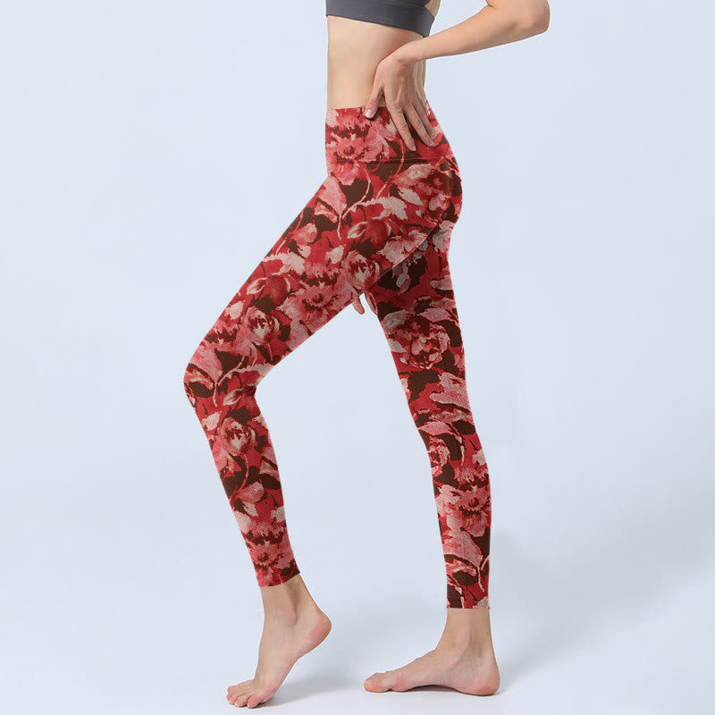 Red Flowers Print Sports Fitness Leggings Women's Yoga Pants