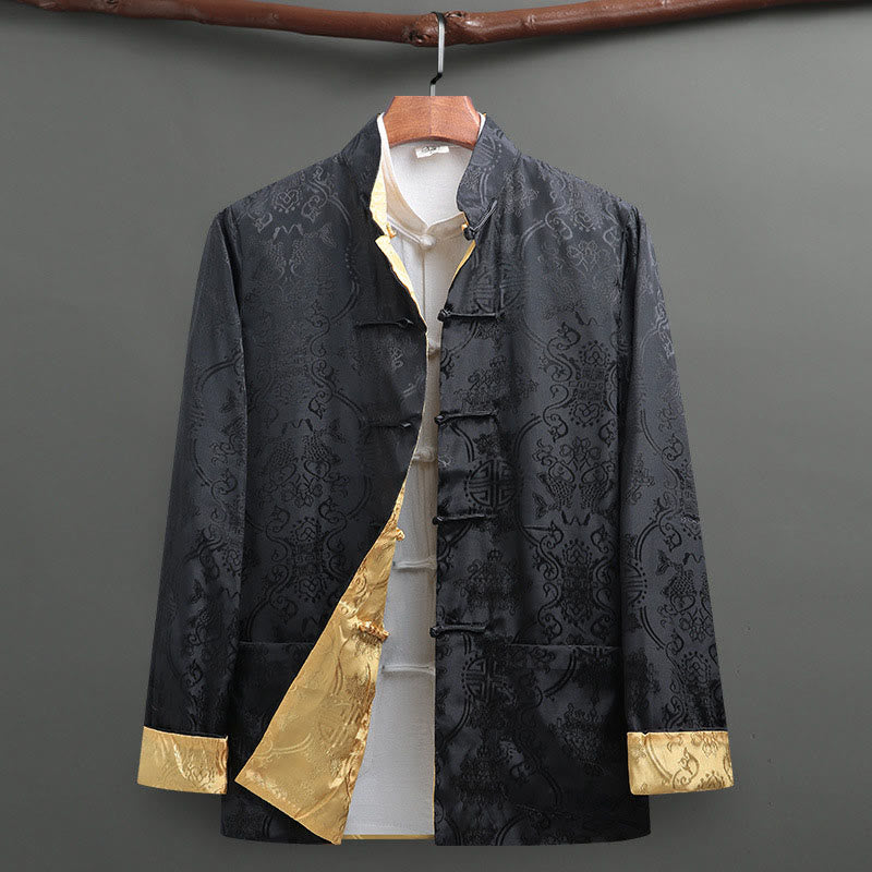 2Pcs Men's Tang Suit Koi Fish Pattern Frog-Button Long Sleeve Shirt Pants Set