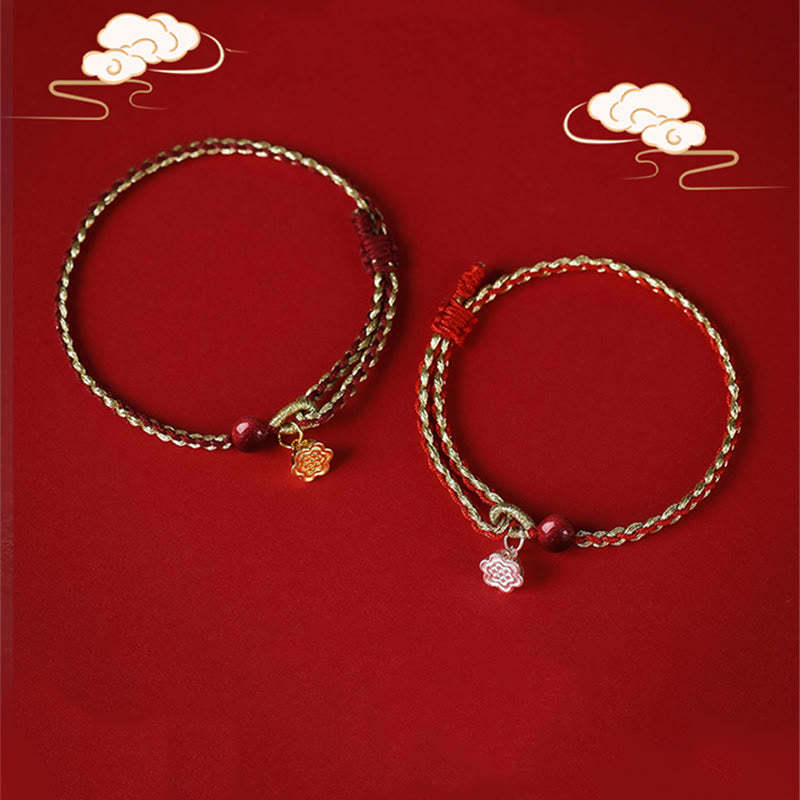 Handmade 925 Sterling Silver Lotus Cinnabar Gold Bead Blessing Braid Bracelet
