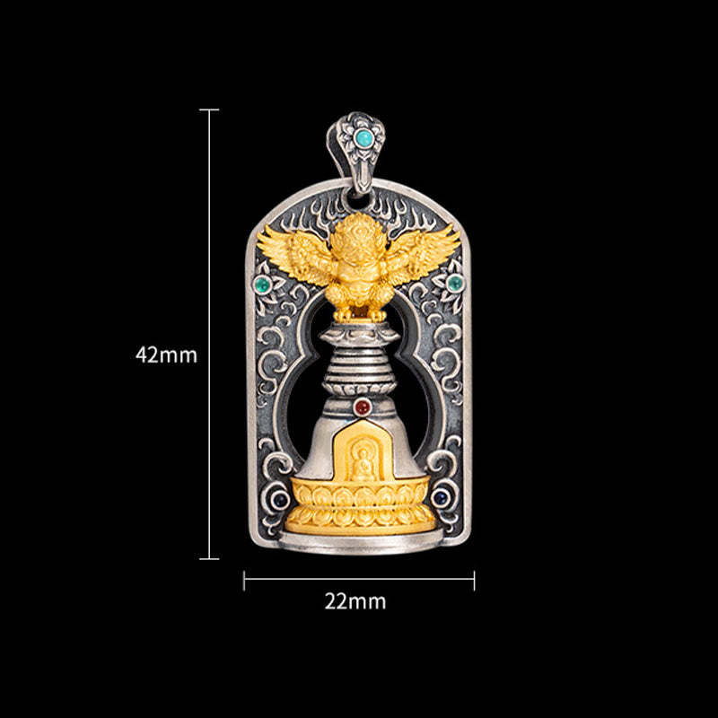 925 Sterling Silver Tibetan Garuda Bird Vajra Dorje Bell Protection Necklace Pendant