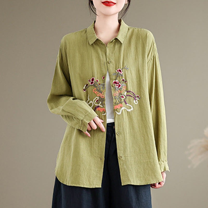 Flower Embroidery Long Sleeve Cotton Linen Women's Shirts
