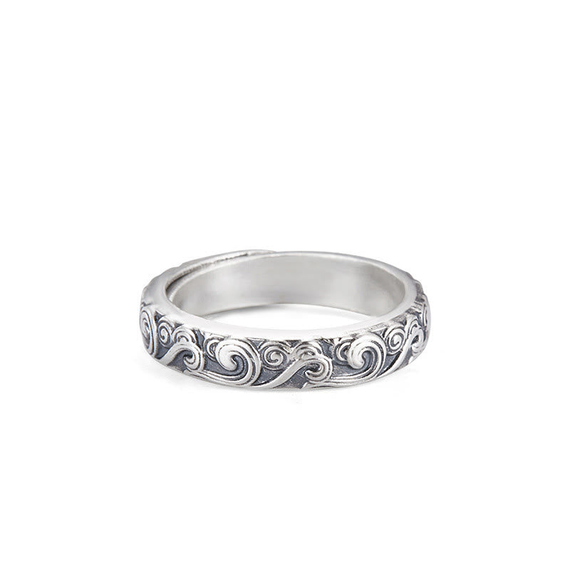 999 Sterling Silver Auspicious Clouds Engraved Blessing Adjustable Ring