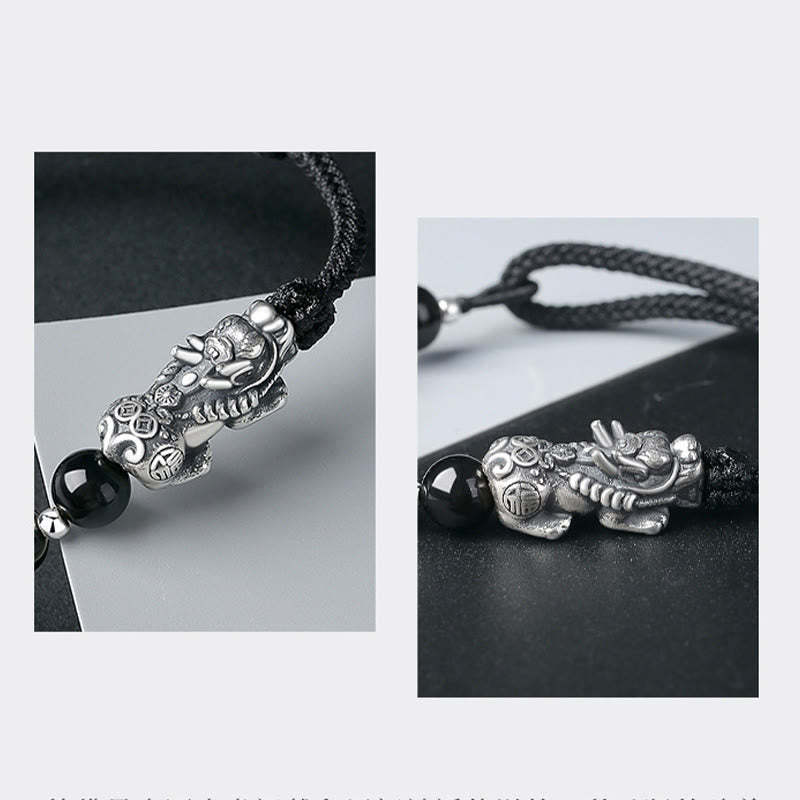 999 Sterling Silver FengShui PiXiu Natural Black Obsidian 925 Sterling Silver Bead Strength Bracelet
