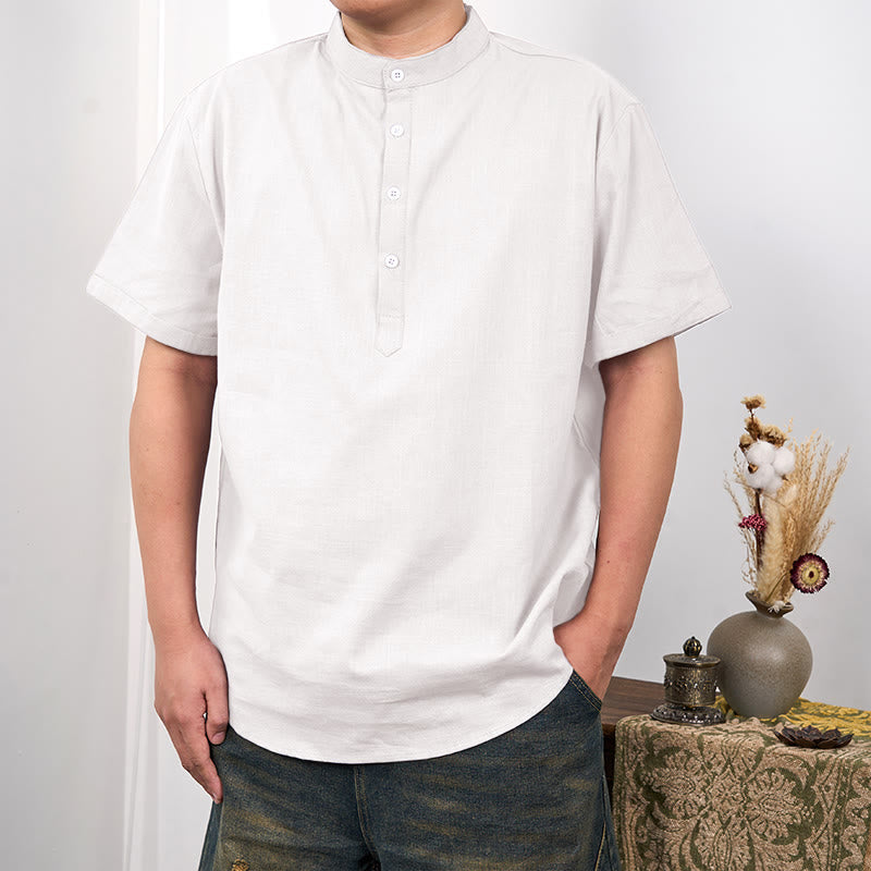 Men's Plain Color Short Sleeve Half Button Cotton Linen Shirt