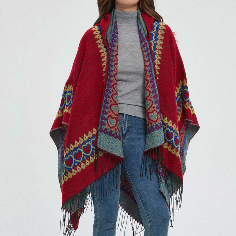 Tibetan Shawl Red Love Heart Tassel Hooded Cloak Winter Cozy Travel Scarf Wrap