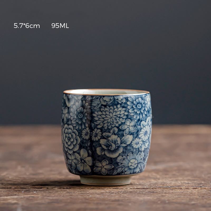 Blue Lotus Peach Blossom Chrysanthemum Design Ceramic Teacup Kung Fu Tea Cups