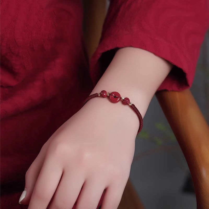 Handmade Cinnabar Peace Buckle Lotus Calm Blessing Braided Rope Bracelet