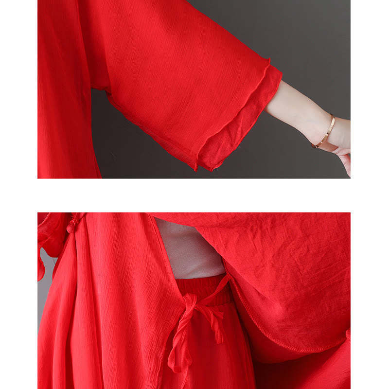 V-Neck Midi Tunic Dress Wide Leg Pants Meditation Zen Practice Dance Clothing