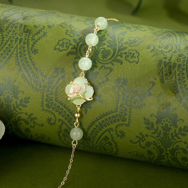 925 Sterling Silver Magnolia Hetian Jade Beads Four Leaf Clover Blessing Bracelet