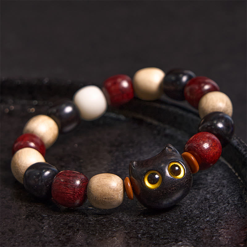 Small Leaf Red Sandalwood Ebony Wood Cute Cat Engraved Protection Bracelet
