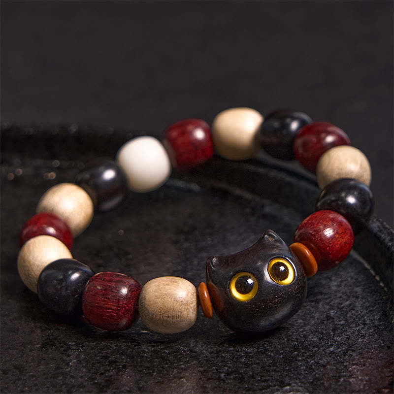 Small Leaf Red Sandalwood Ebony Wood Cute Cat Engraved Protection Bracelet