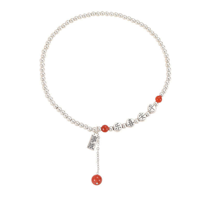 925 Sterling Silver Small Beads Red Agate Peace And Joy Blessing Anklet