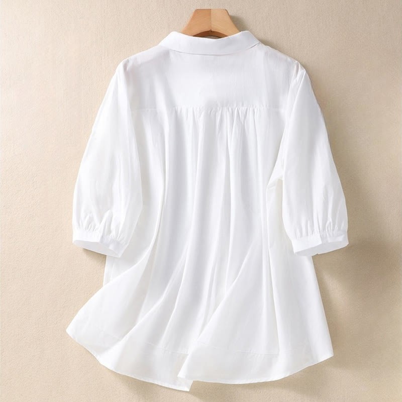Summer Plain Button Embroidery Flower Pattern Three Quarter Sleeve Lapel Cotton Linen Women's Shirt