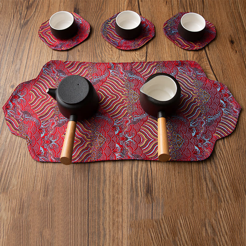 Sea Wave Bamboo Plum Blossom Brocade Embroidery Cup Mat Pad Tea Cup Coaster Kung Fu Tea Mat