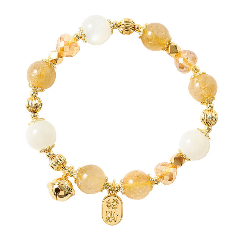14K Gold Plated Golden Rutilated Quartz Wealth Bell Lucky Fortune Charm Bracelet