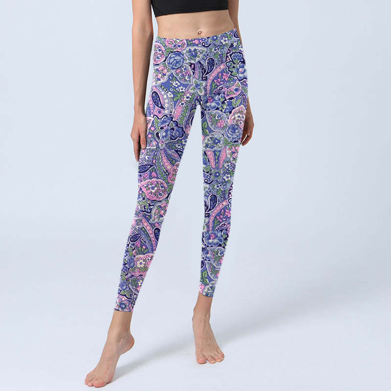 Purple Pink Cashew Flower Print Gym Fitness Leggings Women's Yoga Pants