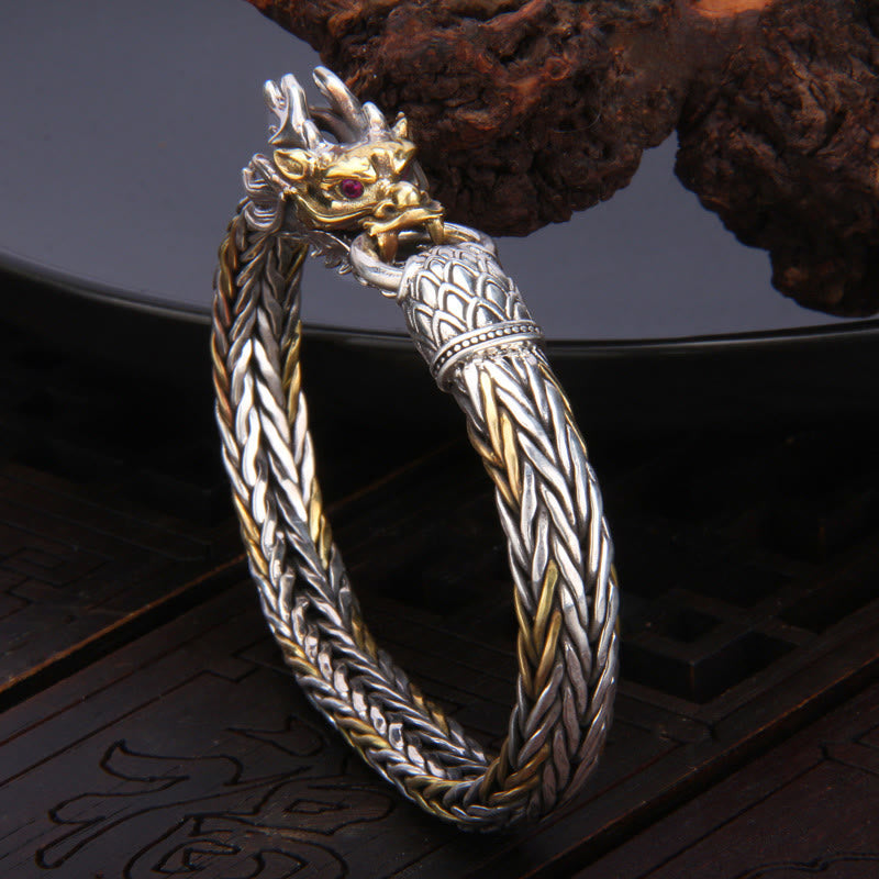 925 Sterling Silver Year Of The Dragon Auspicious Dragon Protection Metal Braided Design Bracelet