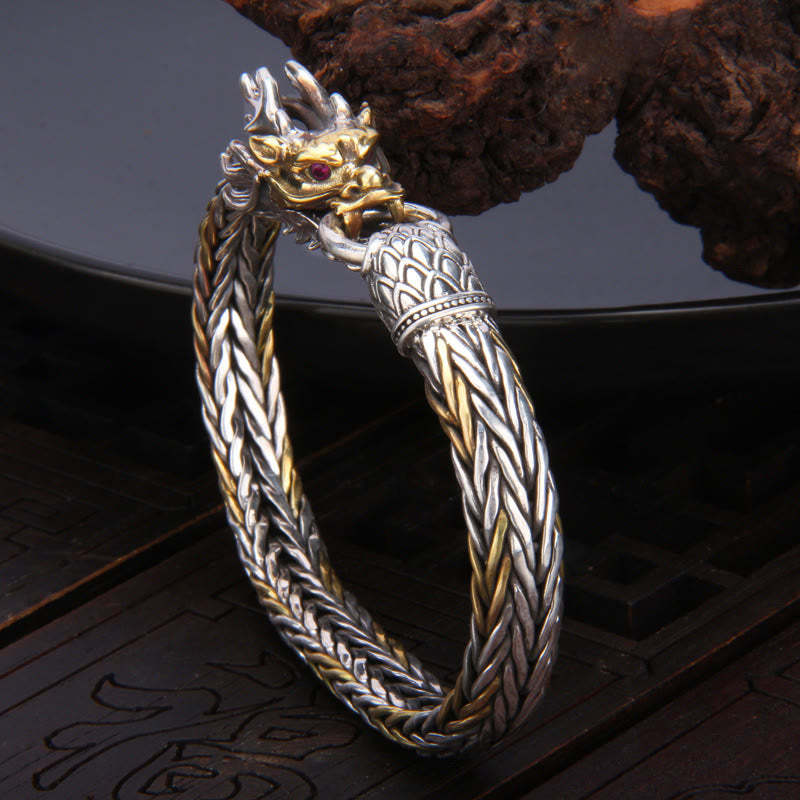 925 Sterling Silver Year Of The Dragon Auspicious Dragon Protection Metal Braided Design Bracelet