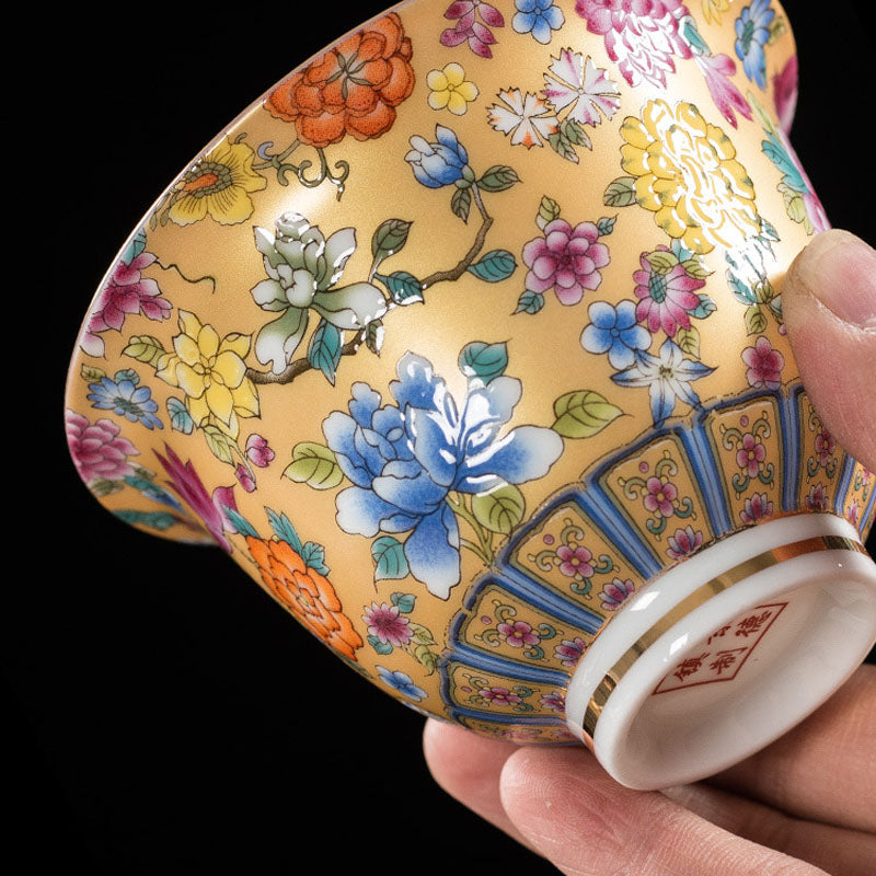 Peony Flowers Ceramic Gaiwan Sancai Teacup Kung Fu Tea Cup And Saucer With Lid