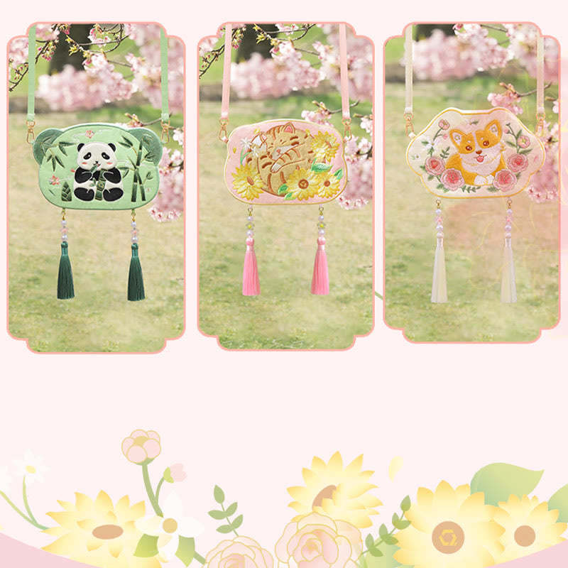 Embroidery Lucky Panda Cat Shiba Inu Deer Rabbit Fox Flower Cute Animal Hanfu Bag Crossbody Bag Shoulder Bag