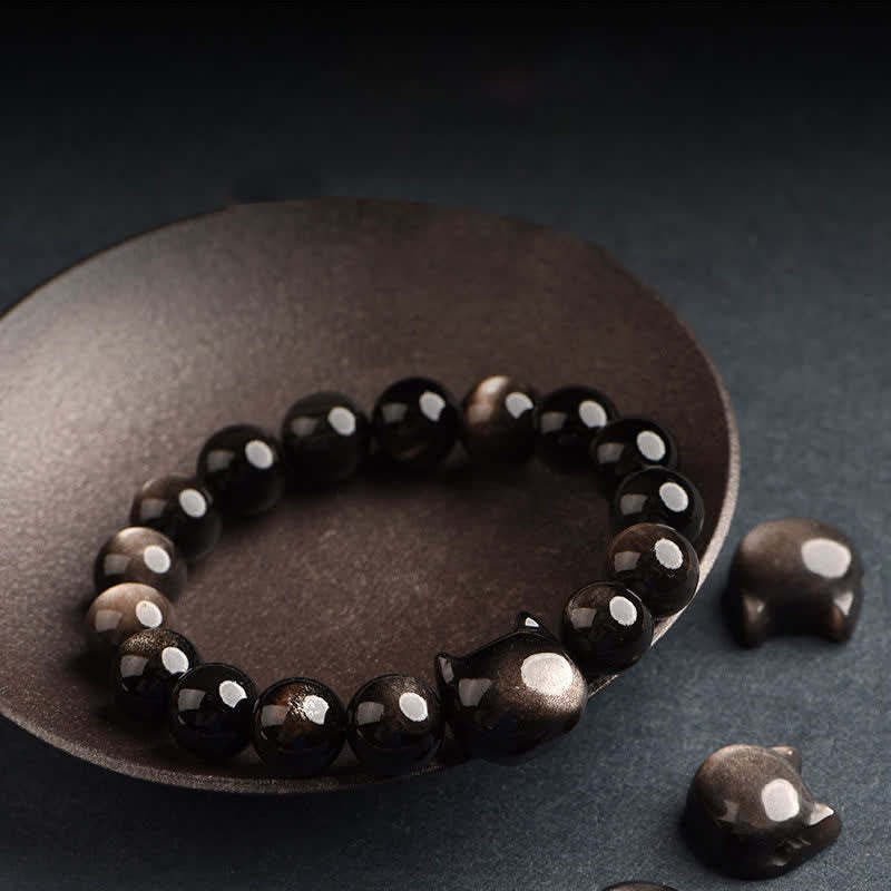 Gold Sheen Obsidian Silver Sheen Obsidian Lovely Paw Lucky Cat Protection Bracelet