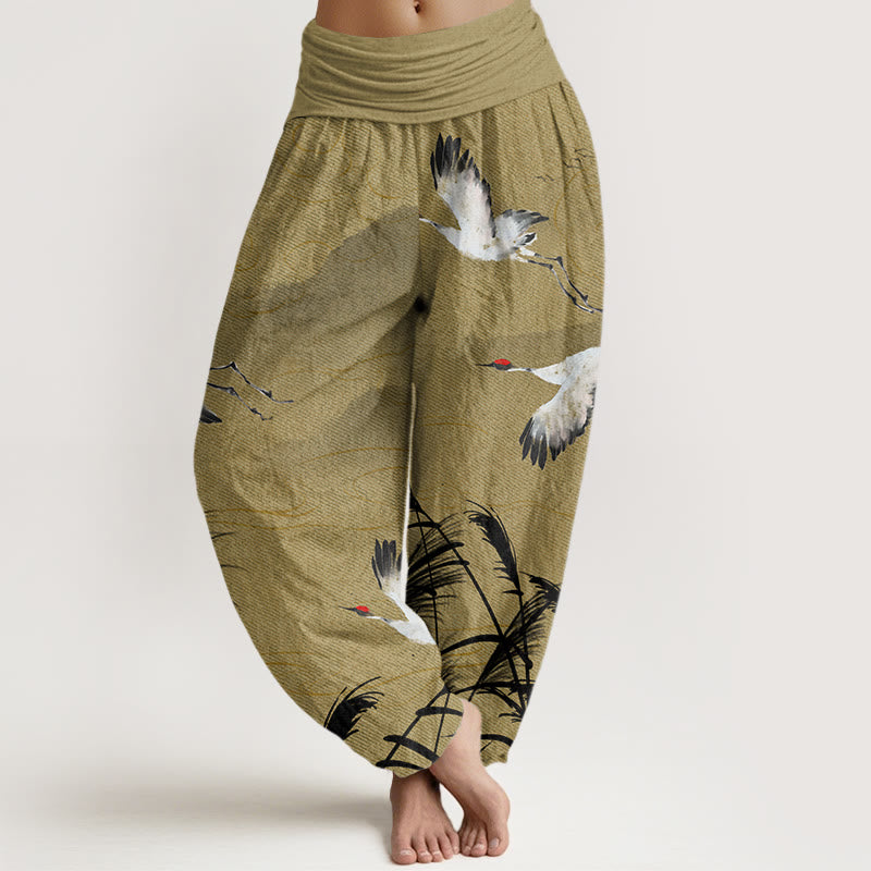 Flying Crane Auspicious Clouds Wild Grasses Mountain Pattern Women's Elastic Waist Harem Pants