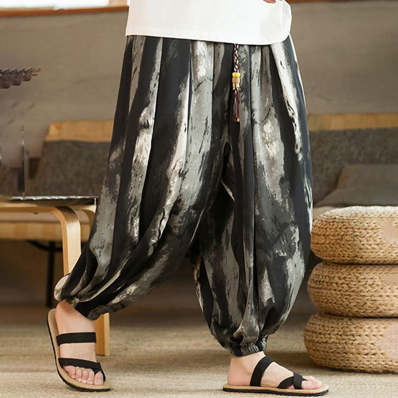 Black White Ink Gradient Cotton Linen Braided Drawstring Men's Harem Pants With Pockets
