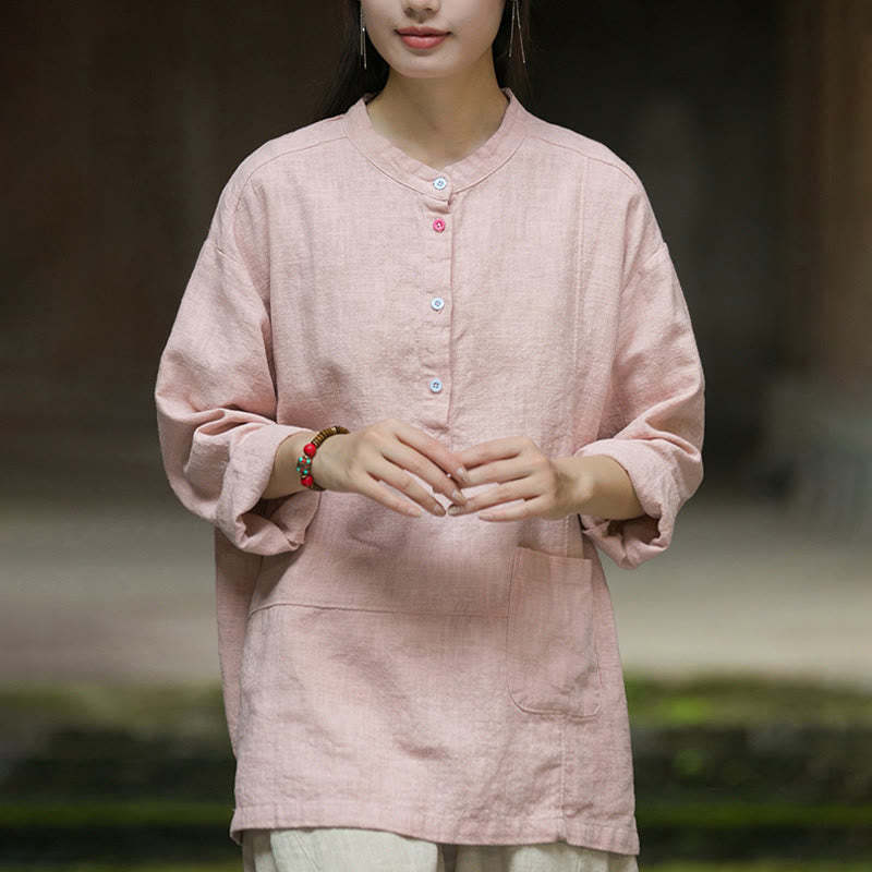 Solid Color Long Sleeve Ramie Linen Half Button Women's Shirt