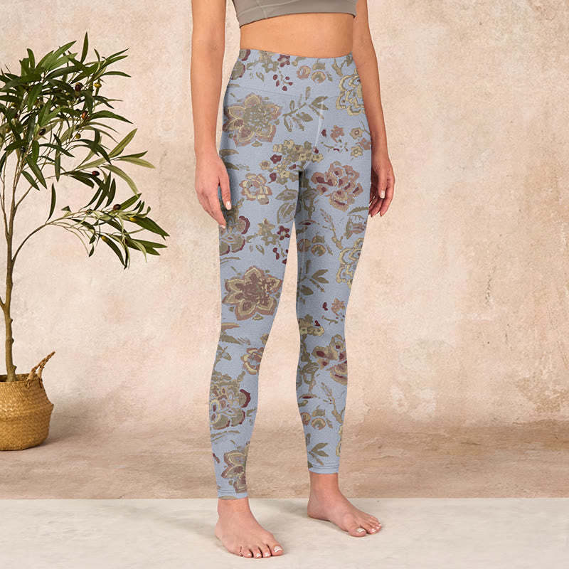 Grey Green Leaves Flowers Print Gym Leggings Women's Yoga Pants