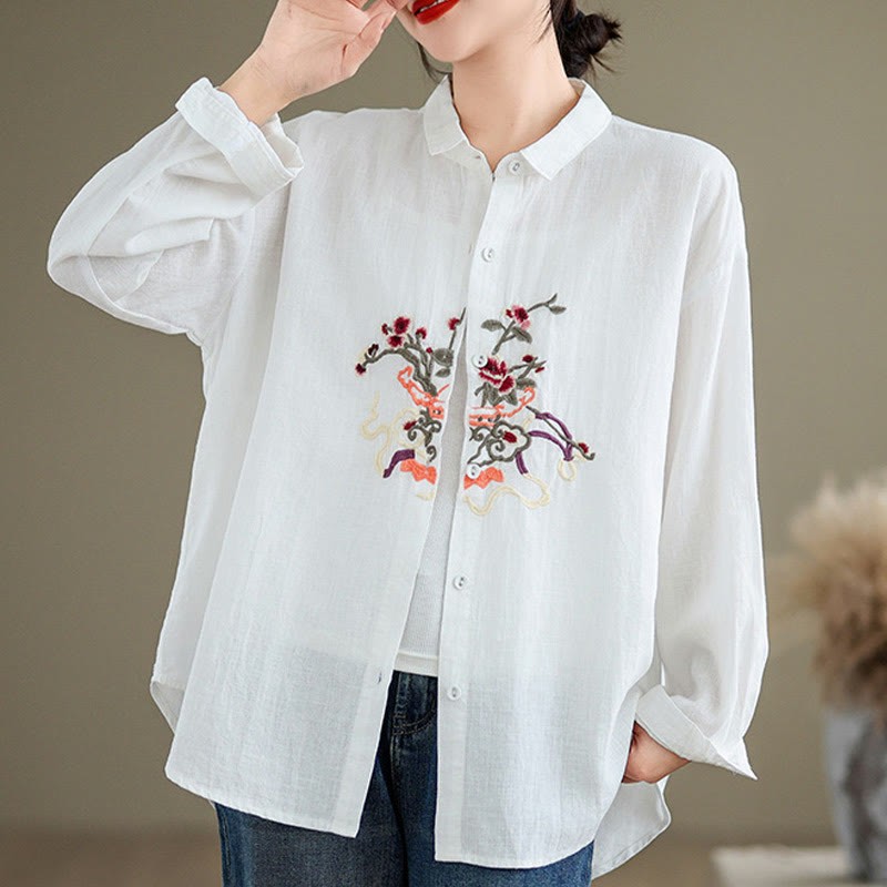 Flower Embroidery Long Sleeve Cotton Linen Women's Shirts