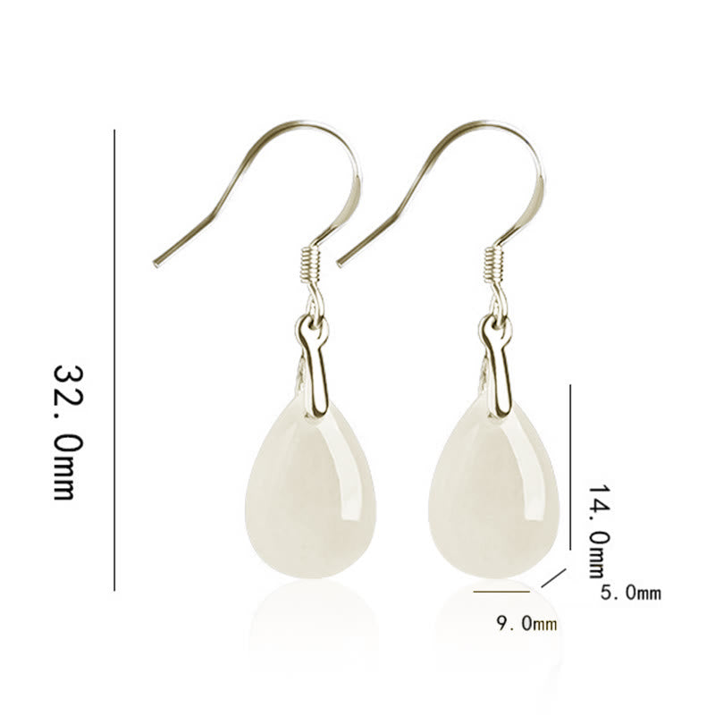 925 Sterling Silver Jade Water Drop Pattern Luck Prosperity Dangle Earrings
