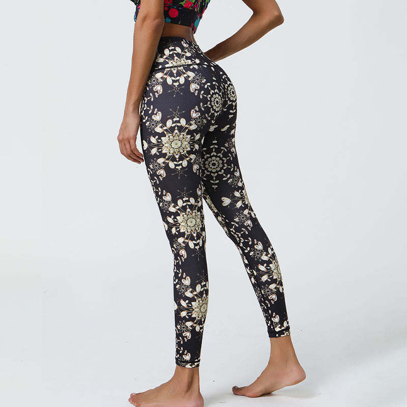 Flowers Geometric Mandalas Print Sports Fitness Yoga High Waist Leggings Women's Pants