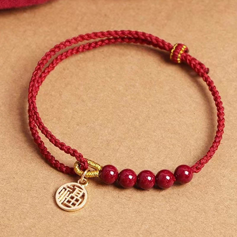 Cinnabar Fu Character Beads Blessing Red String Handmade Braided Bracelet