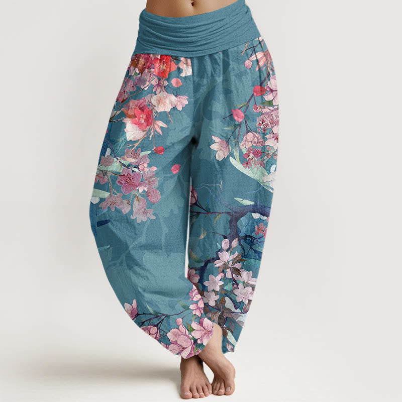Red Pink Blooming Flowers Lush Branches Women's Elastic Waist Harem Pants