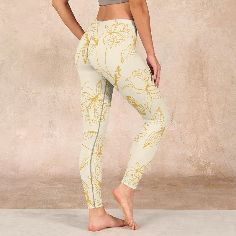 Beige Flower Vine Print Gym Leggings Women's Yoga Pants