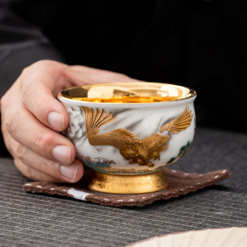 Golden Eagle Auspicious Dragon Sun Ocean Waves Gilt Ceramic Teacup Kung Fu Tea Cup